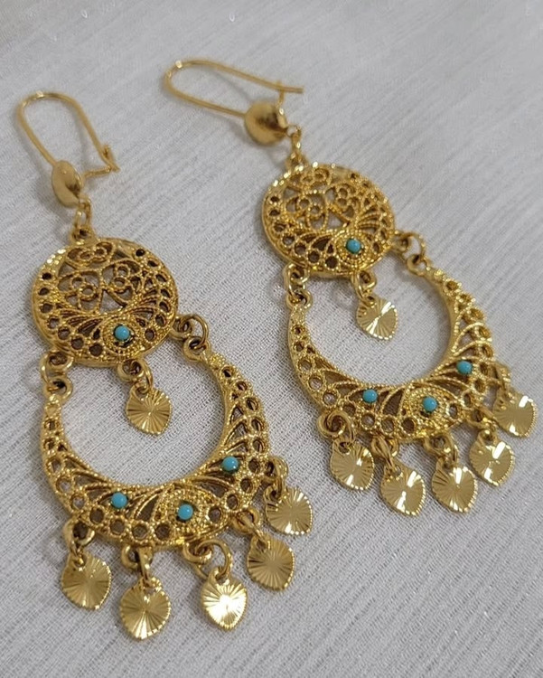 گوشواره زنانه طلاروس اصل آویزدار با نگین فیروزهای مناسب مهمانی