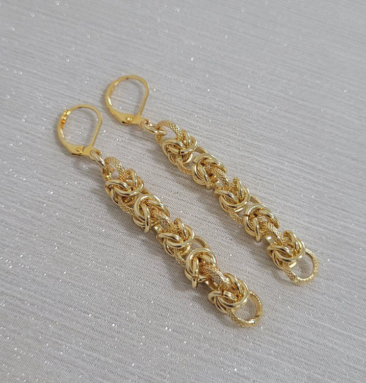 گوشواره آویز زنانه YSX طلایی – مدل بافت چندلایه زنجیری ظریف