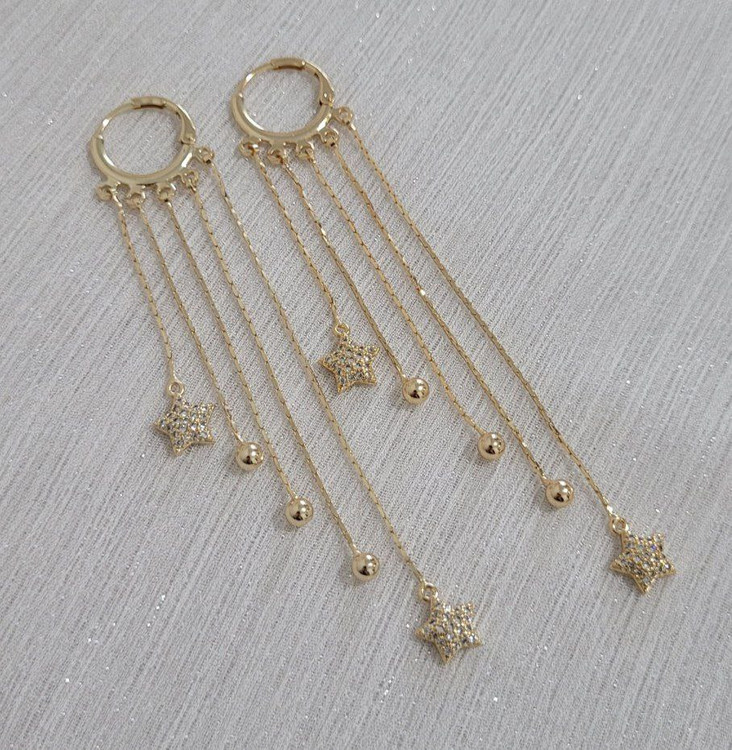 گوشواره آویز زنانه YSX طلایی – آویز چند زنجیر با پلاک ستارهای ظریف