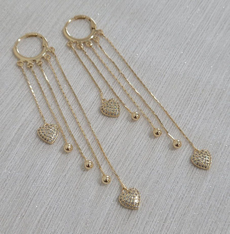 گوشواره آویز زنانه YSX طلایی – آویز چند زنجیر با پلاک قلب نگیندار