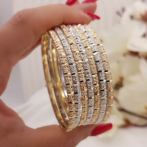 النگو زنانه ۳ میل دو رنگ تراشدار پک ۷ عددی