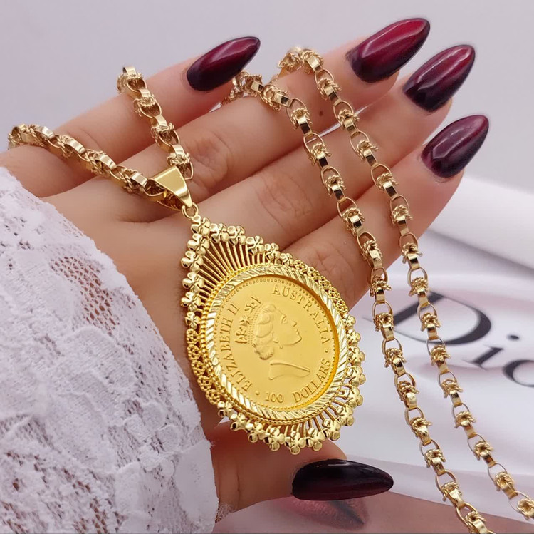 گردنبند طرح طلا زنانه May Dear مدل بلند سکهای با زنجیر یزدی