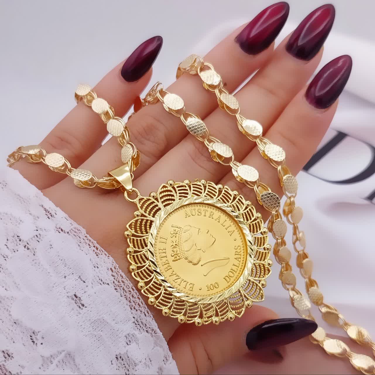 گردنبند طرح طلا زنانه May Dear مدل سکهای دالبری با زنجیر یزدی