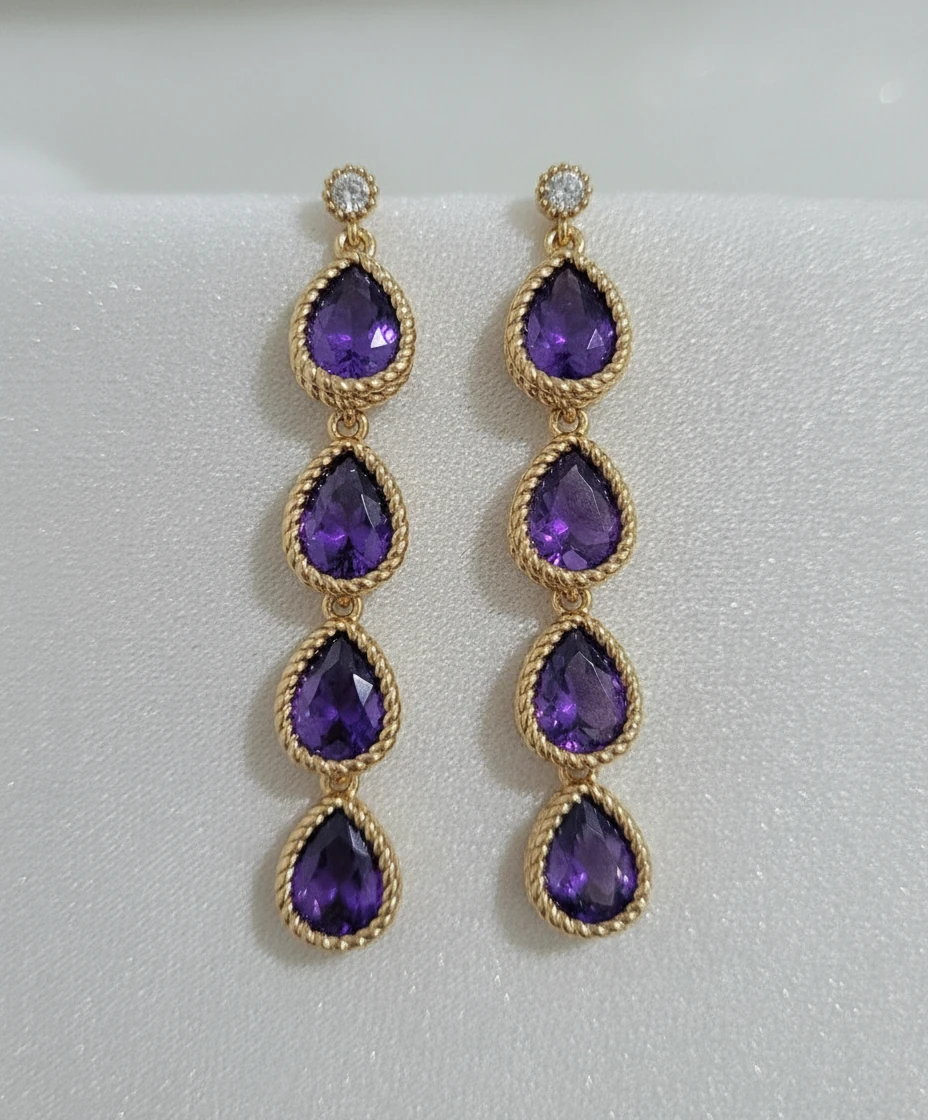 گوشواره آویز زنانه سه ردیفه نگین بنفش اشکی با دور طلایی