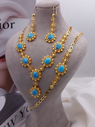 خرید سرویس جواهری لوکس My dear با سنگ طبیعی عقیق و فیروزه، رنگ ثابت و ضد حساسیت