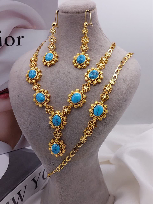 خرید سرویس جواهری لوکس My dear با سنگ طبیعی عقیق و فیروزه، رنگ ثابت و ضد حساسیت